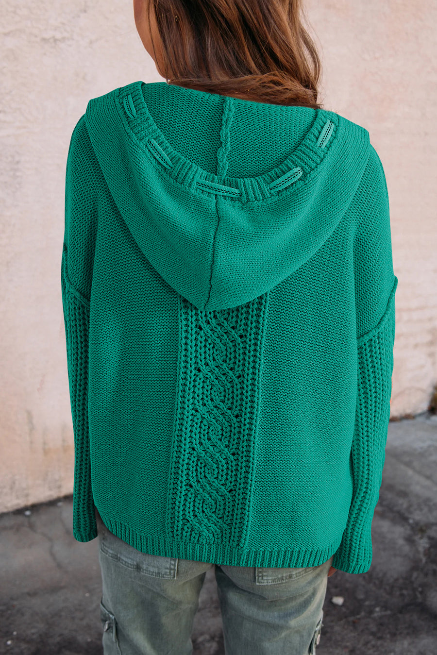 Green Cable Knit V-Neck Contrast Drawstring Hooded Sweater