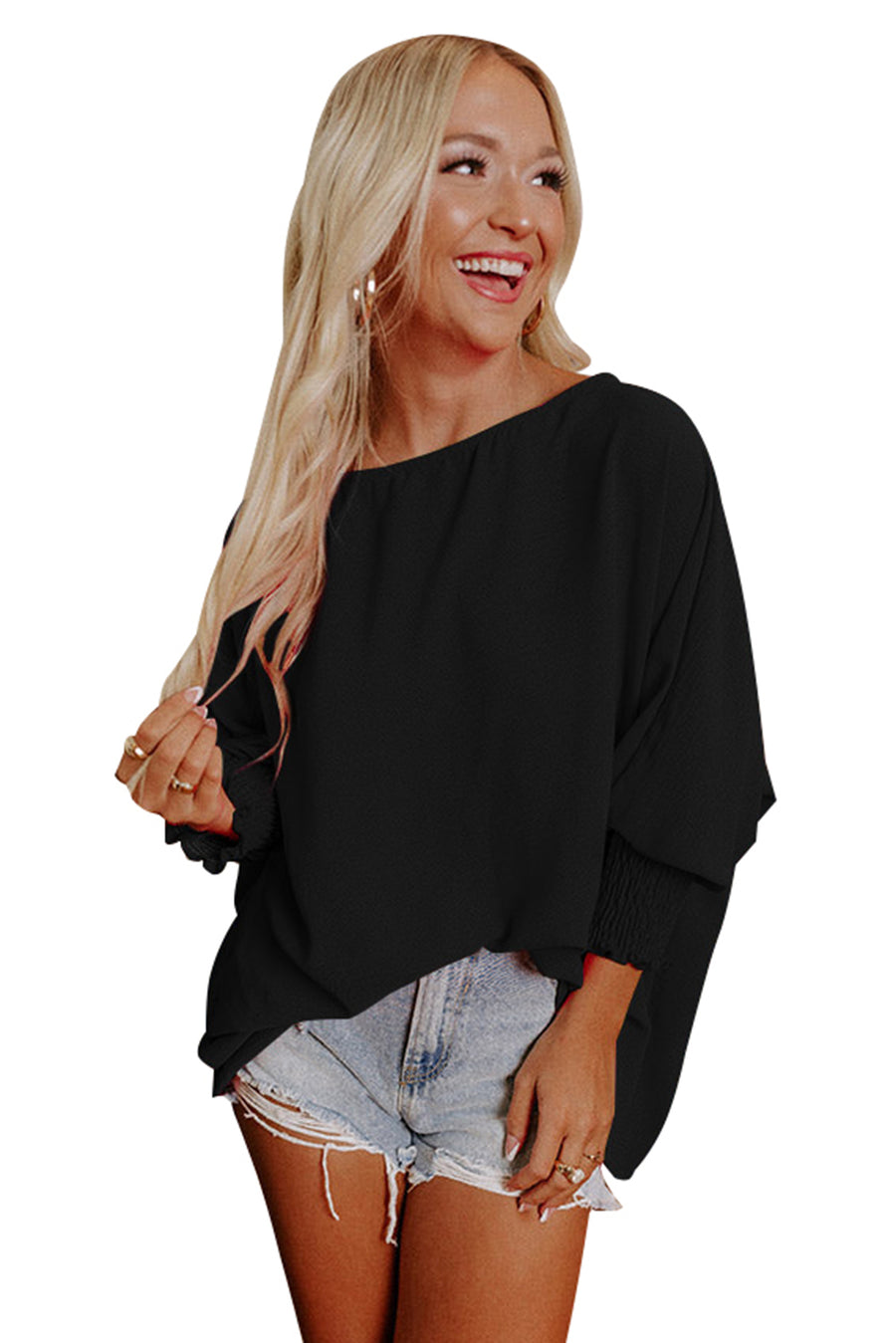Shirred Cuffs Short Sleeve Blouse- 2 Colors