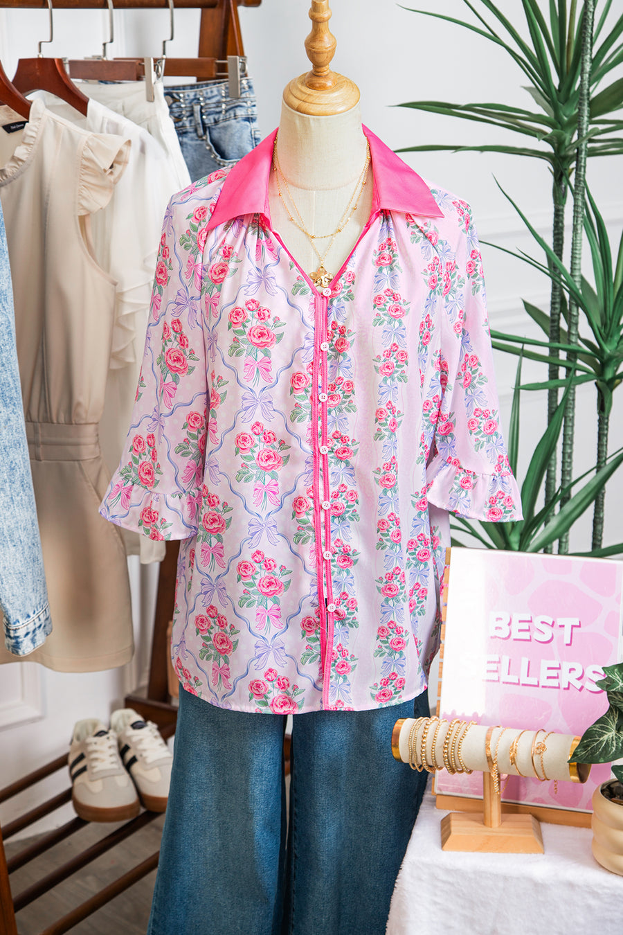 Bright Pink Bow Bouquets Collared Ruffled Short Sleeve Button-Up Blouse