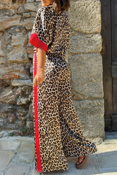Multicolor Leopard Print Color Block Short Sleeve Shirt and Pants Set