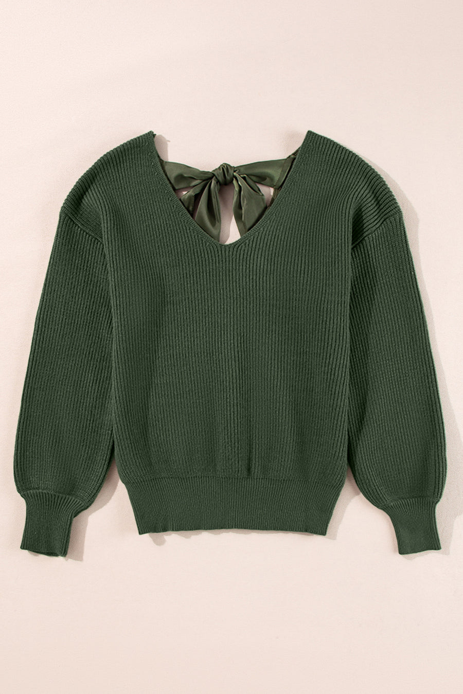 Lantern Sleeve V-Neck Bow Back Sweater- 4 Colors