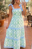 Pink Geometric Floral Print Striped Patchwork Detail Sleeveless Dress（Runs Small ）