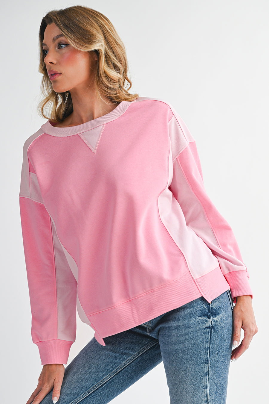 Pink Color Block Patchwork Drop Shoulder Loose Fit Sweatshirt