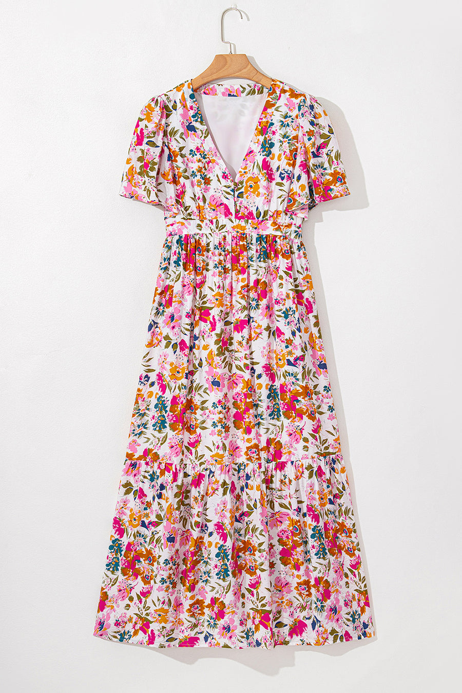 Multicolored Floral Short Sleeve V-Neck High Waist Maxi Dress