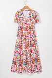 Multicolored Floral Short Sleeve V-Neck High Waist Maxi Dress
