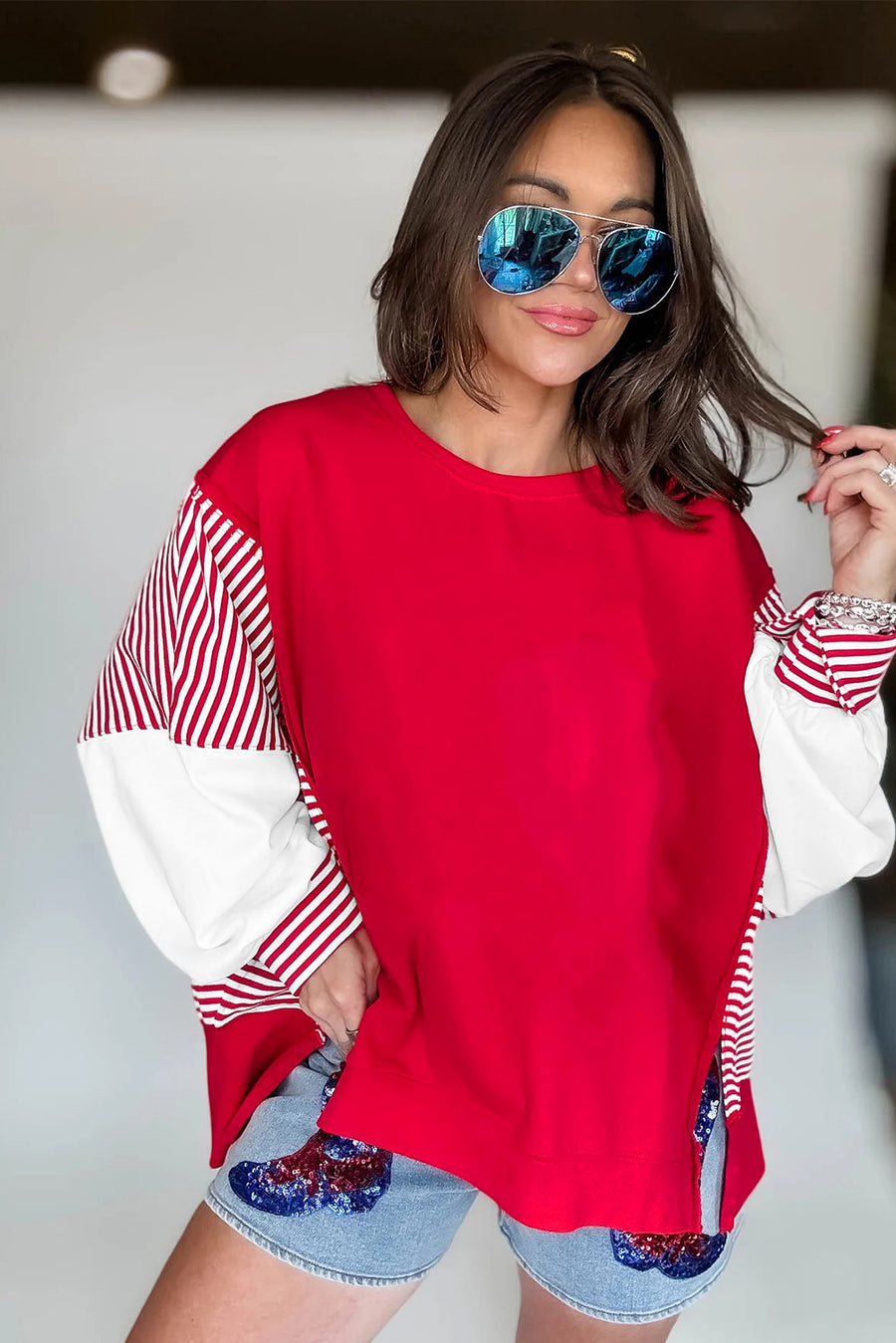 Striped Patchwork Sleeve Colorblock Sweatshirt- 3 Colors