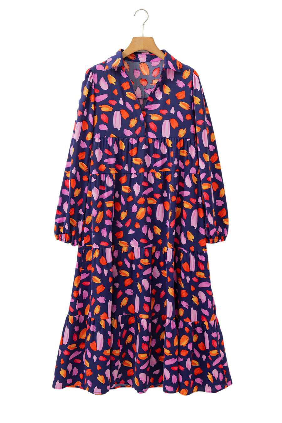 Purple and Orange Multi Floral Print Collared Tiered Flowy Long Sleeve Maxi Dress- 2 Colors