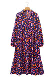 Purple and Orange Multi Floral Print Collared Tiered Flowy Long Sleeve Maxi Dress- 2 Colors