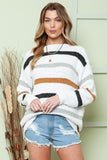 White Multi Striped Popcorn Drop Shoulder Pullover Sweater