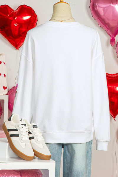 White Sequin Bow Heart Lollipop Drop Shoulder Crew Neck Sweatshirt