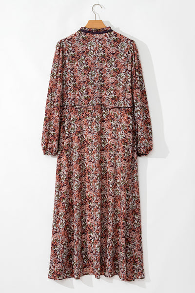 Brown Floral Print Frill V Neck Split Midi Dress