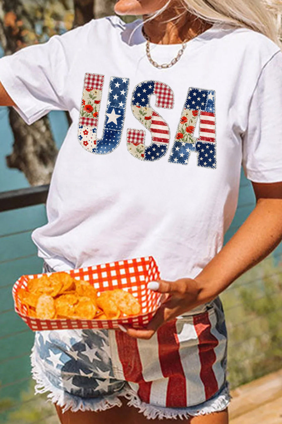 White Faux Patchwork USA Graphic T-Shirt