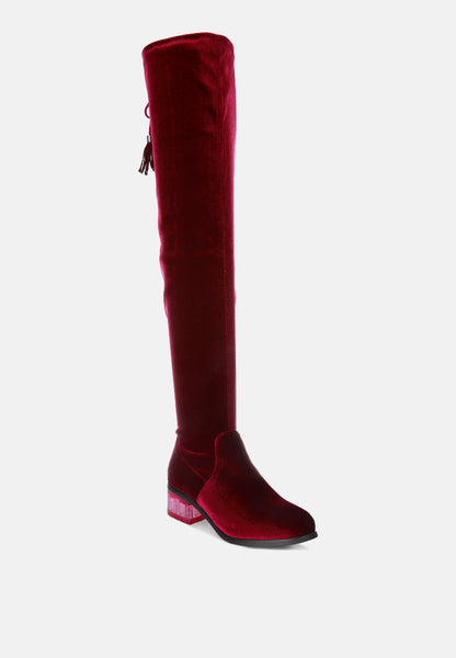 Rumple Velvet Over the Knee Clear Heel Boots- 4 Colors