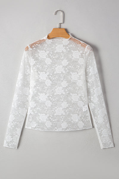 Mock Neck Floral Lace Mesh Long Sleeve Top- 2 Colors