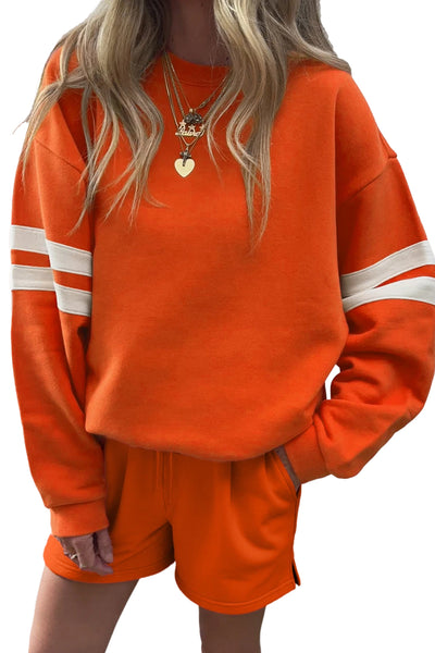 Varsity Striped Sleeve Drop Shoulder Sweatshirt and Shorts Set- 5 Colors