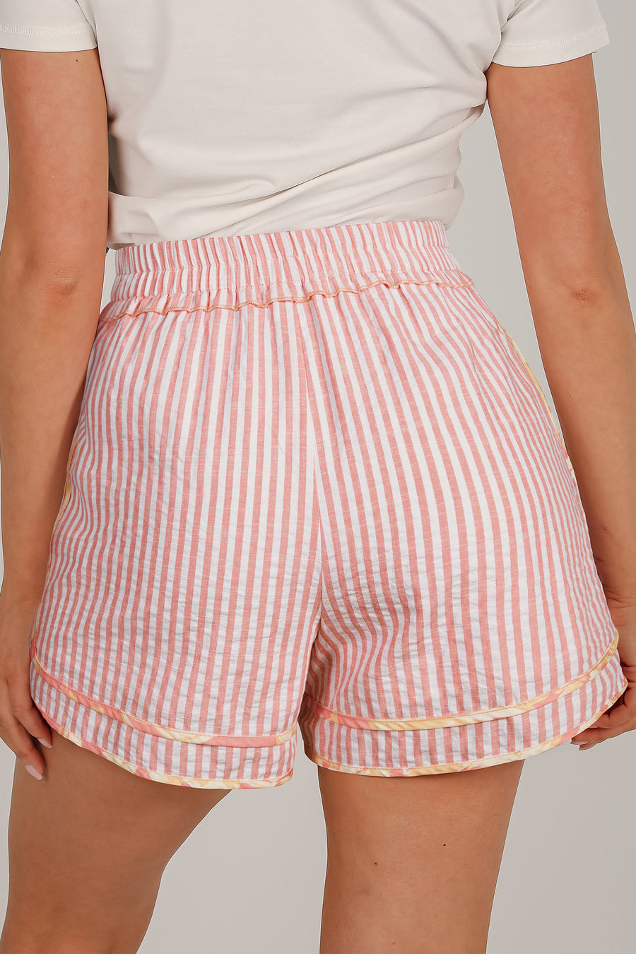 Light Pink Floral Trim Ribbon Drawstring Striped Casual Shorts