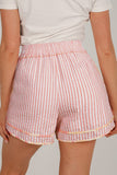 Light Pink Floral Trim Ribbon Drawstring Striped Casual Shorts