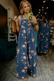 Floral Print Pleated High-Waist Wide Leg Denim Overalls- 3 Colors