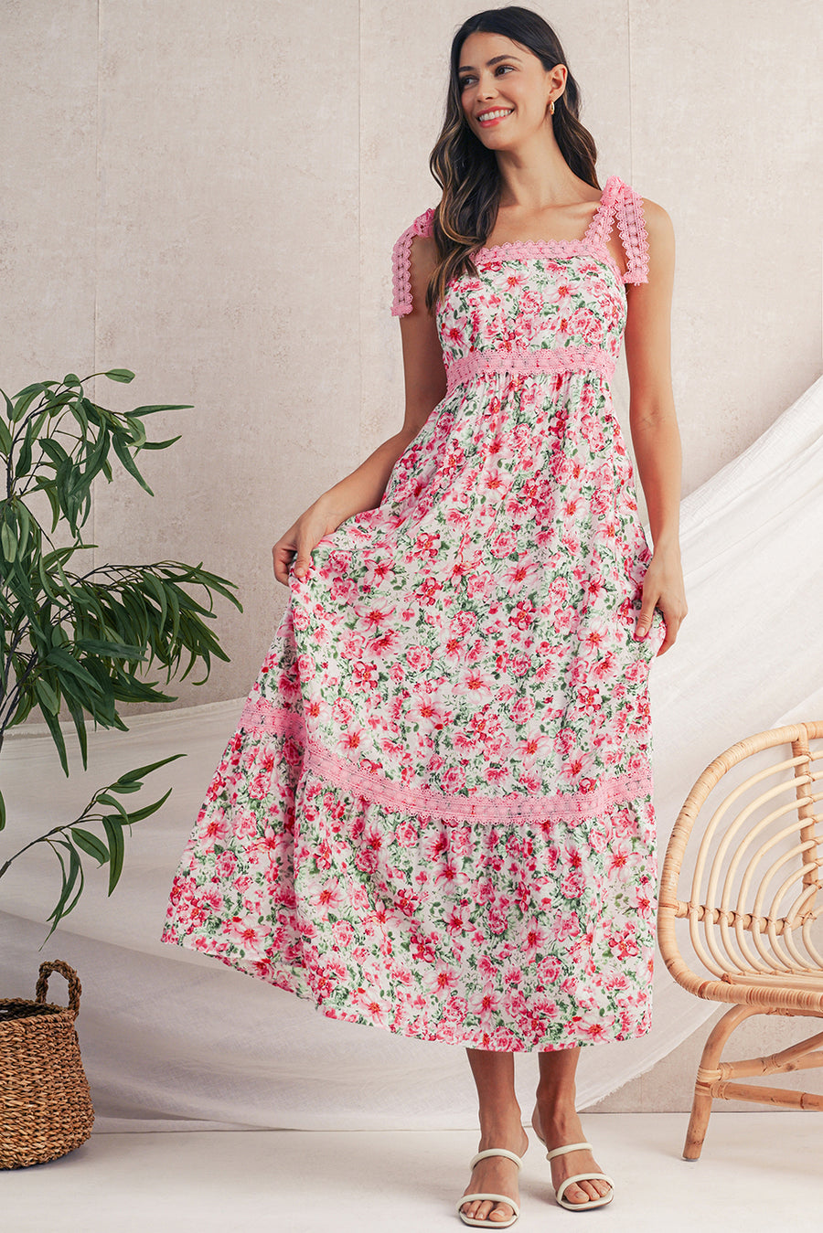 Floral Lace Tied Strap Empire Waist Maxi Dress- 2 Colors