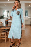 Striped Contrast Trim Leopard Patchwork Long Sleeve Midi Shirt Dress- 2 Colors