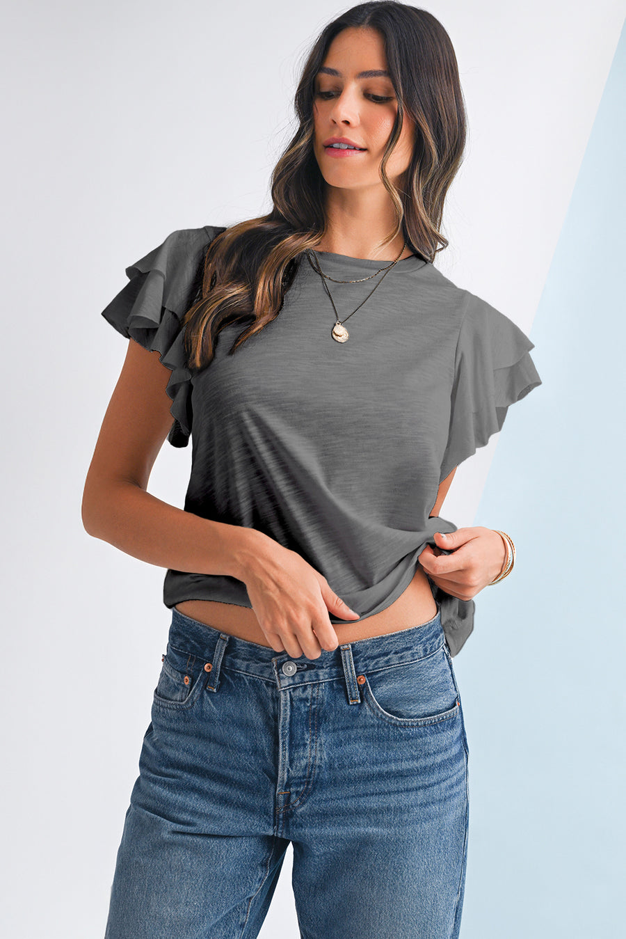 Dark Grey Ruffled Short Sleeve T-Shirt