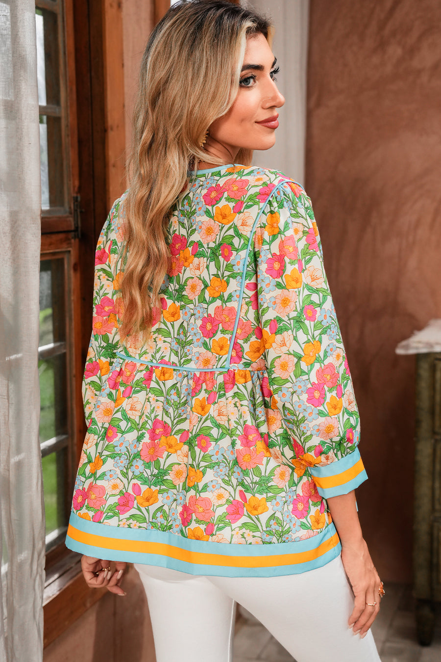 Green Floral Striped Trim Lantern Sleeve Tie Neck Blouse
