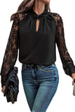 Black Keyhole Lace Splicing Raglan Sleeve Blouse