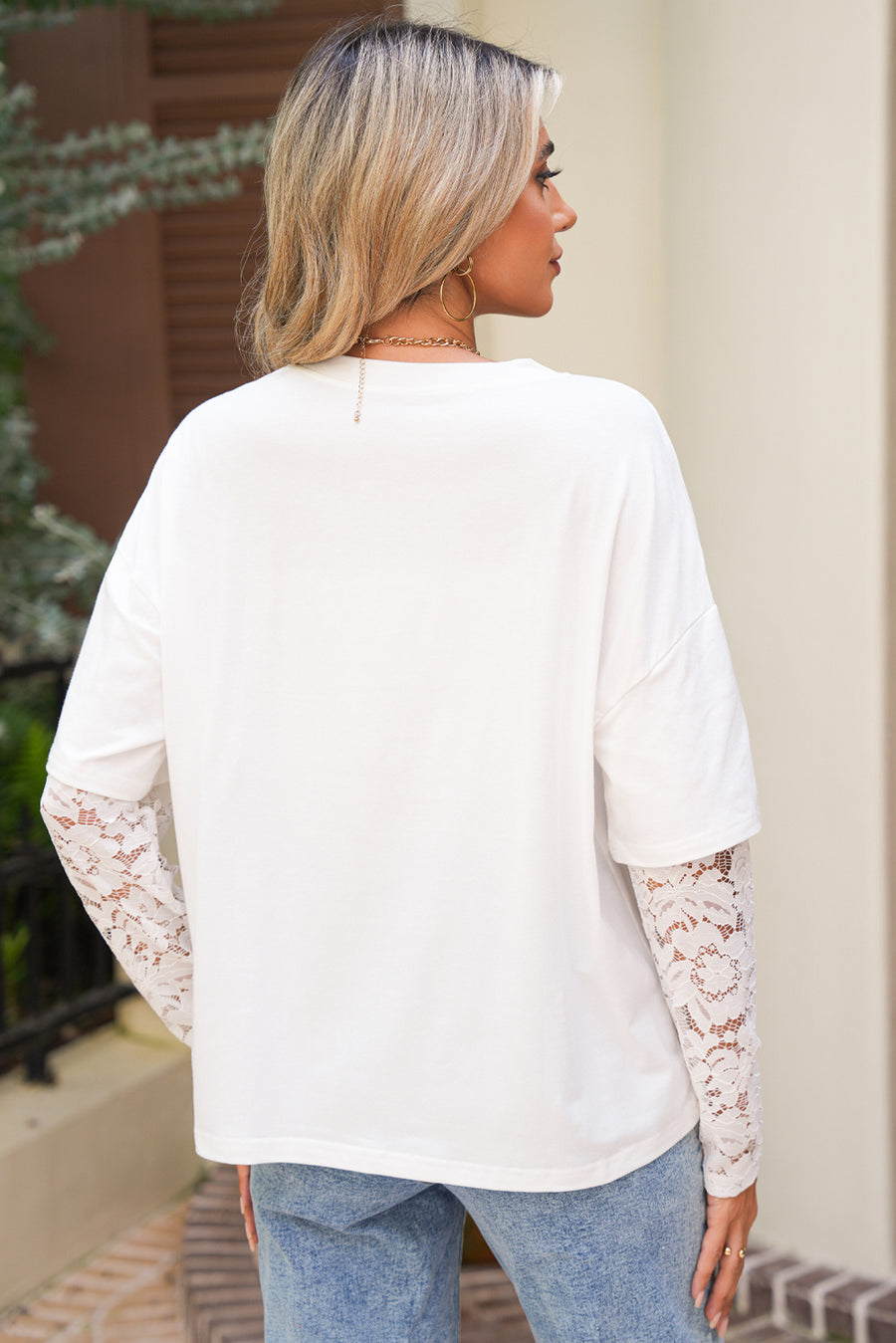 Lace Long Sleeve Drop Shoulder T-Shirt- 2 Colors