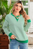 Green Striped Contrast Trim Long Sleeve Shirt
