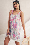 Pink and Lavender Bohemian Floral Tassel Tie V-Neck Mini Dress with Pockets