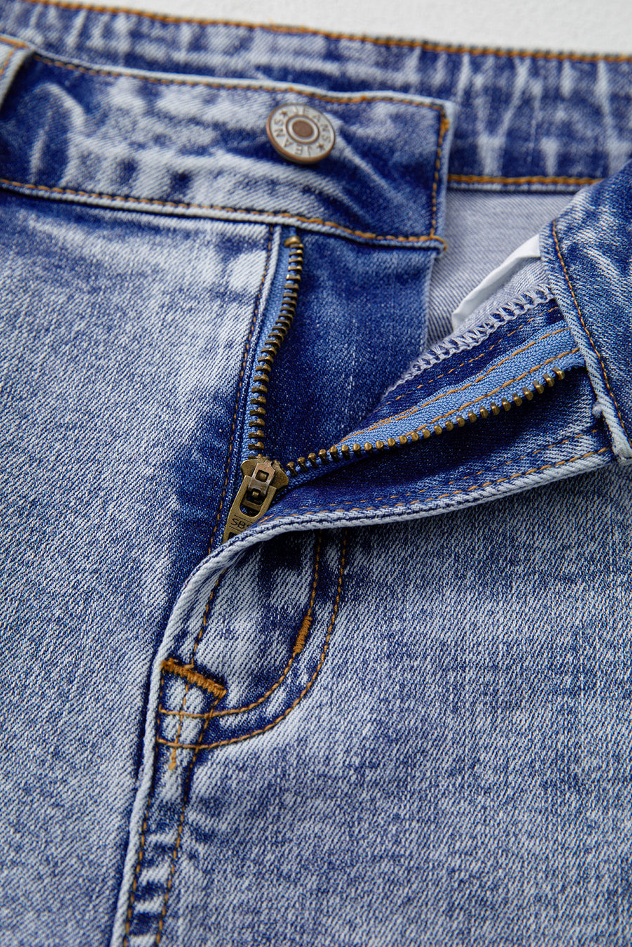 Acid Washed Pearl Studded Pocket Raw Hem Denim Shorts