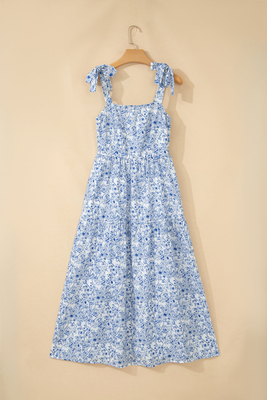 Sky Blue Floral Print Knot Straps High Waist Flared Maxi Dress