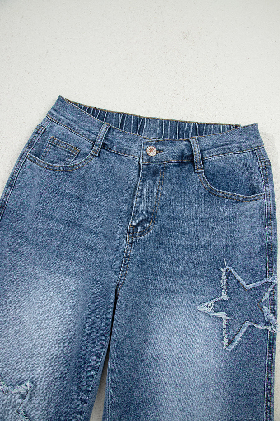 Stone Blue Star Patchwork Light Wash Wide Leg High-Waist Jeans