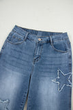 Stone Blue Star Patchwork Light Wash Wide Leg High-Waist Jeans