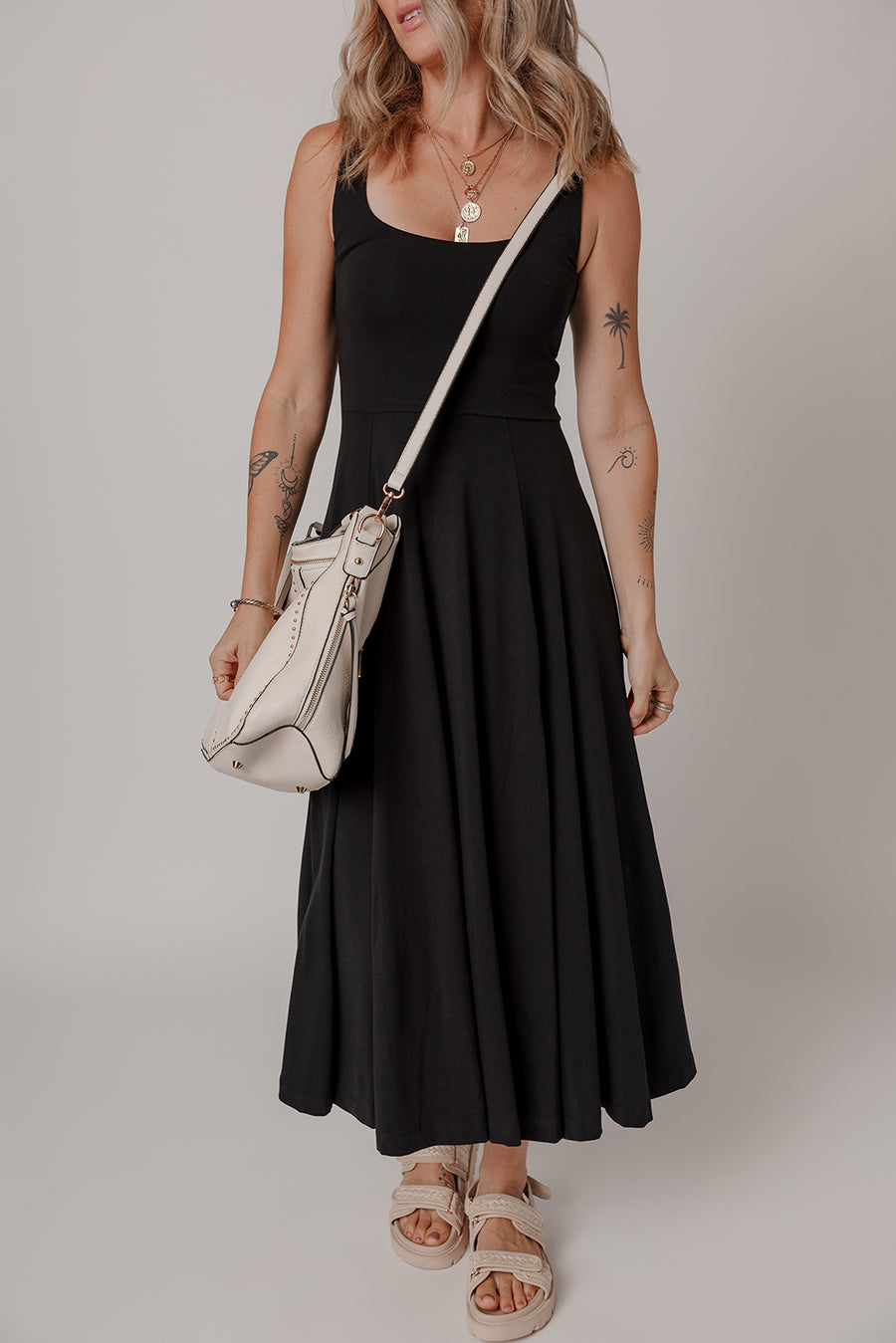 Black Sleeveless Scoop Neck Flared Front Slit Midi Dress