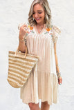 Jet Stream Linen Embroidered Notch Neck Pom Pom Ruffle Sleeve Mini Dress