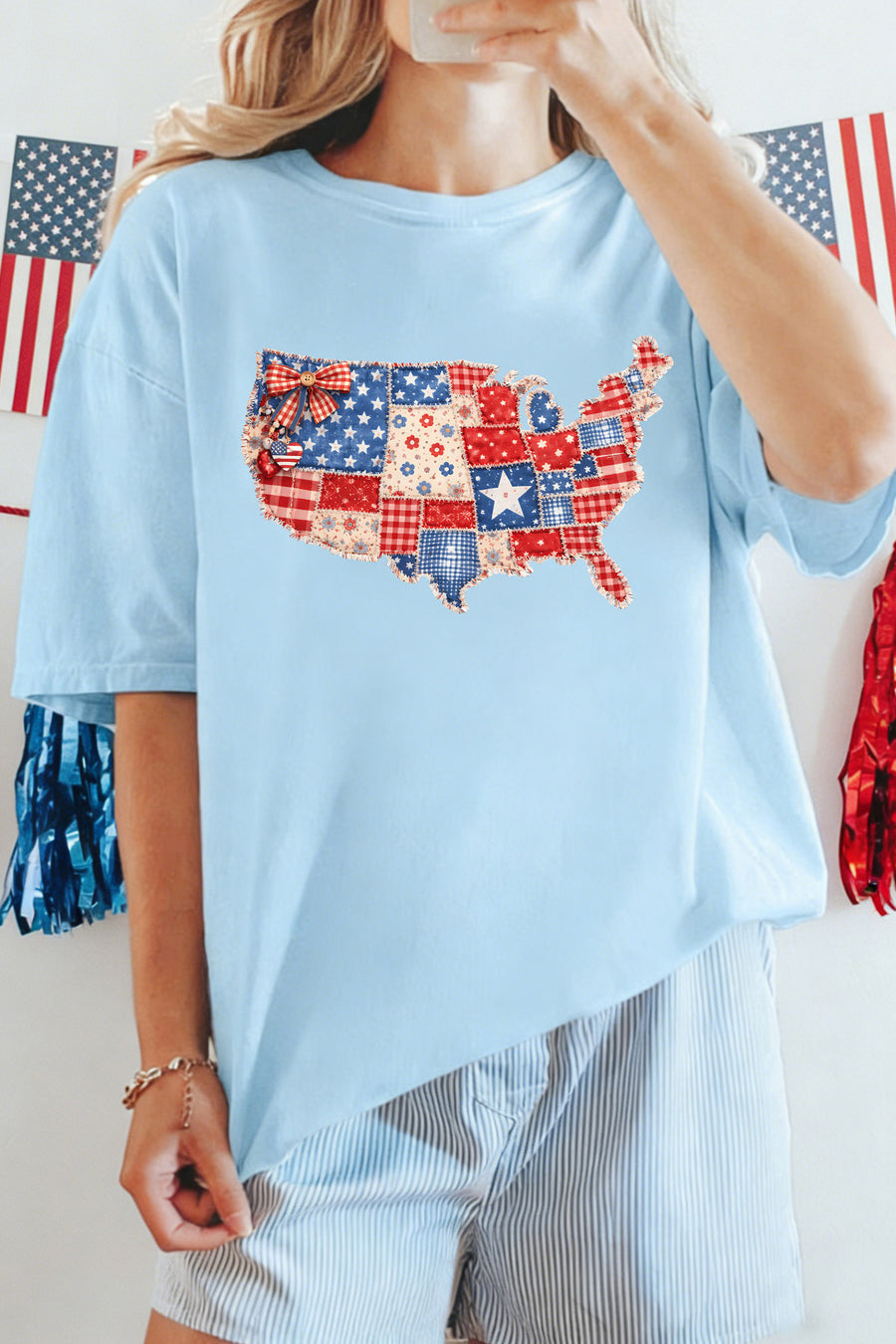 Light Blue Faux Patchwork USA Map Graphic Tee