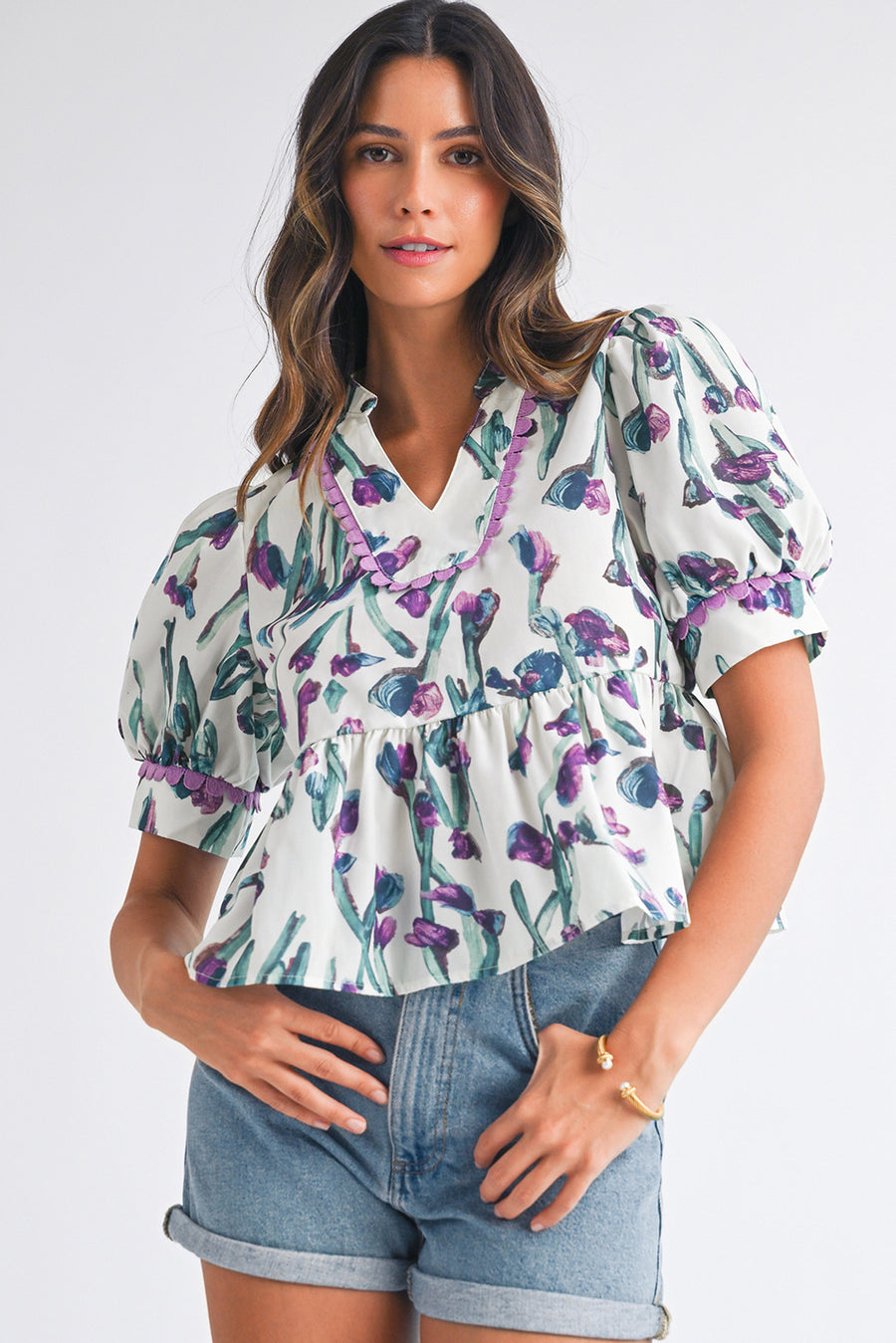 Purple Floral Ricrac Trim Short Puff Sleeve Peplum Blouse