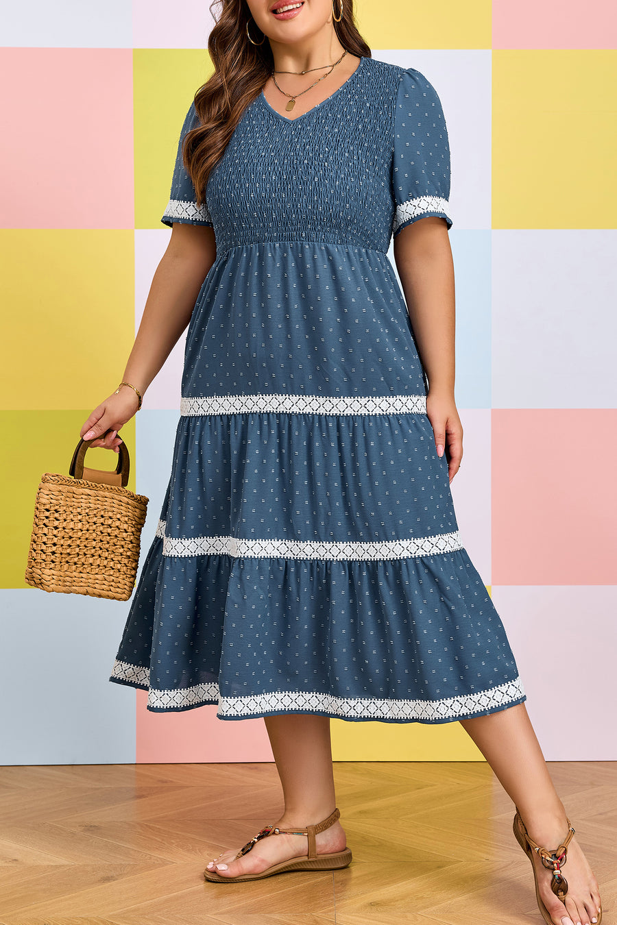 Plus Size Slate Blue V-Neck Swiss Dot Lace Detail Flared Midi Dress with Pockets