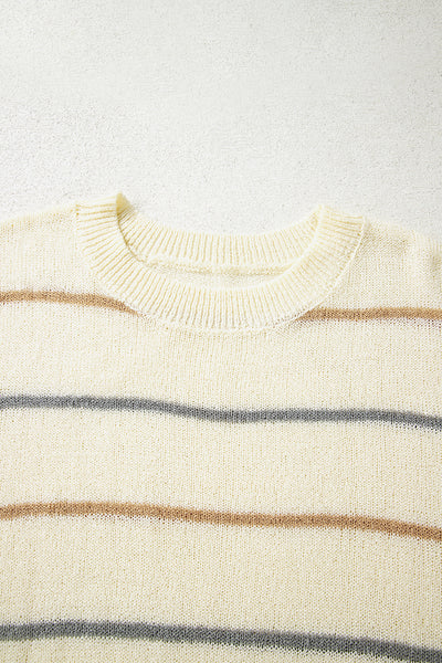 Brown Striped Ribbed Edge Drop Shoulder Sweater
