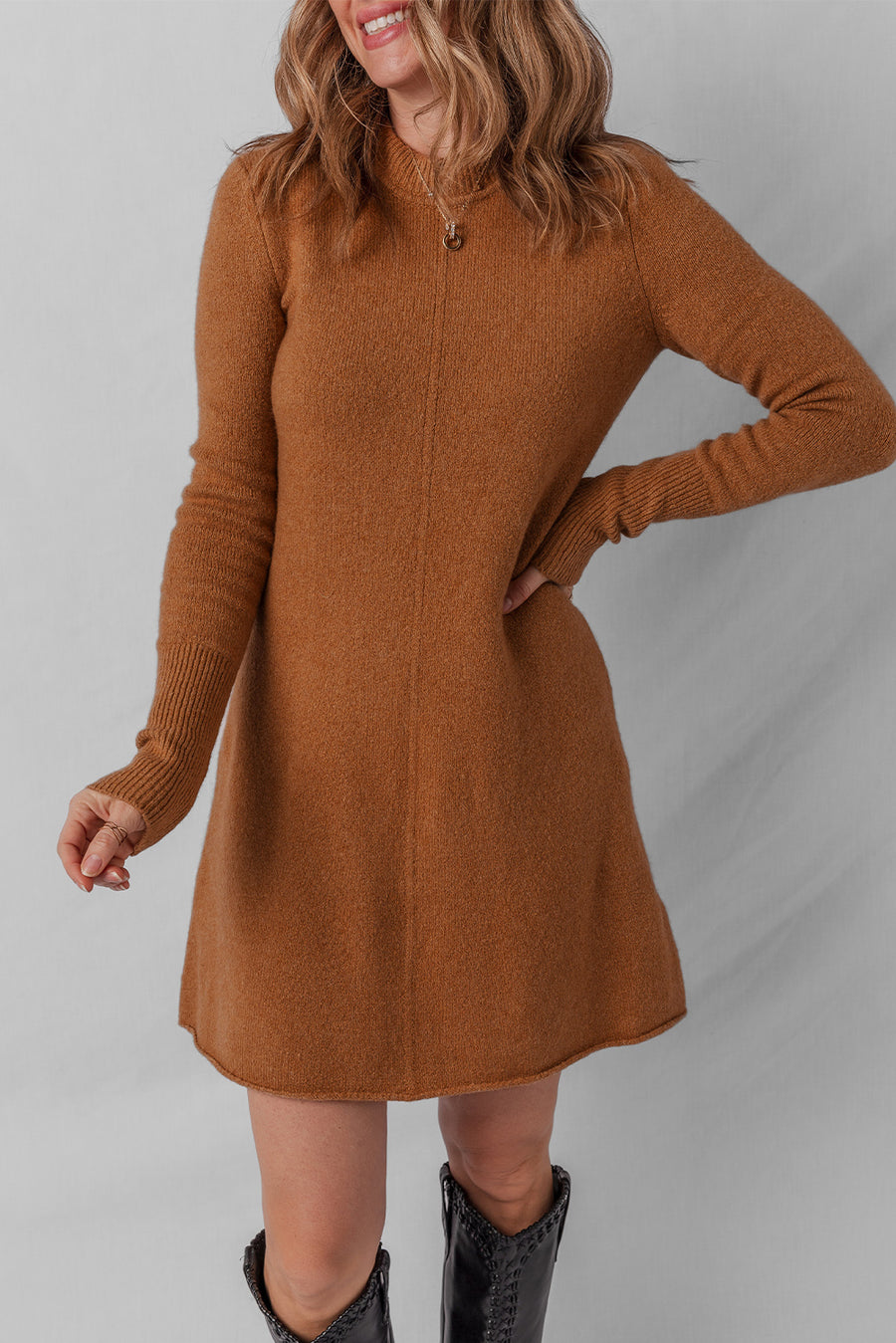 Rust Ribbed Detail Mini Sweater Dress