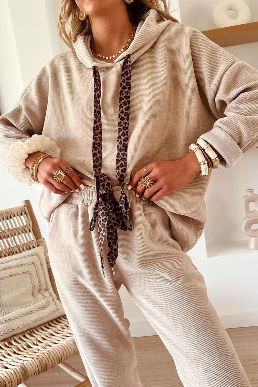 Contrast Drawstring Hoodie and High Waist Pants Corduroy Set- 5 Colors