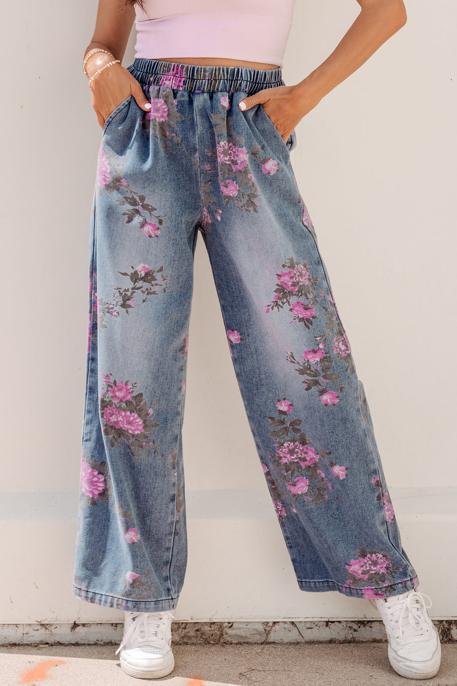 Floral Print Elastic Waist Pull-On Jeans
