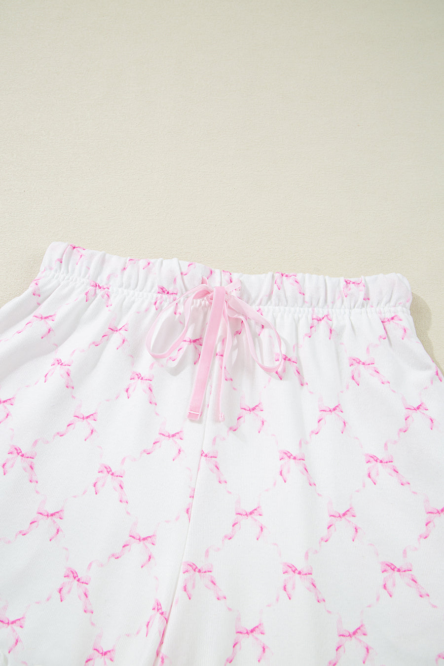 Pink Bow Print Lettuce Trim Short Sleeve Top and Shorts Pajama Set