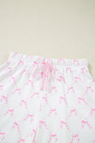 Pink Bow Print Lettuce Trim Short Sleeve Top and Shorts Pajama Set