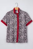 Leopard Print Contrast Frilled V-Neck Button-Up Blouse