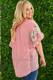 Pink Plus Size Floral Patchwork Ruffle Short Sleeve Blouse