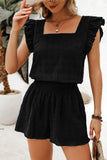 Textured Ruffle Blouse and Shirred High-Waist Shorts Set- 5 Colors