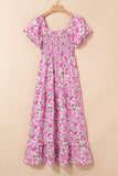 Pink Floral Smocked Puff Sleeve Flowy Midi Dress