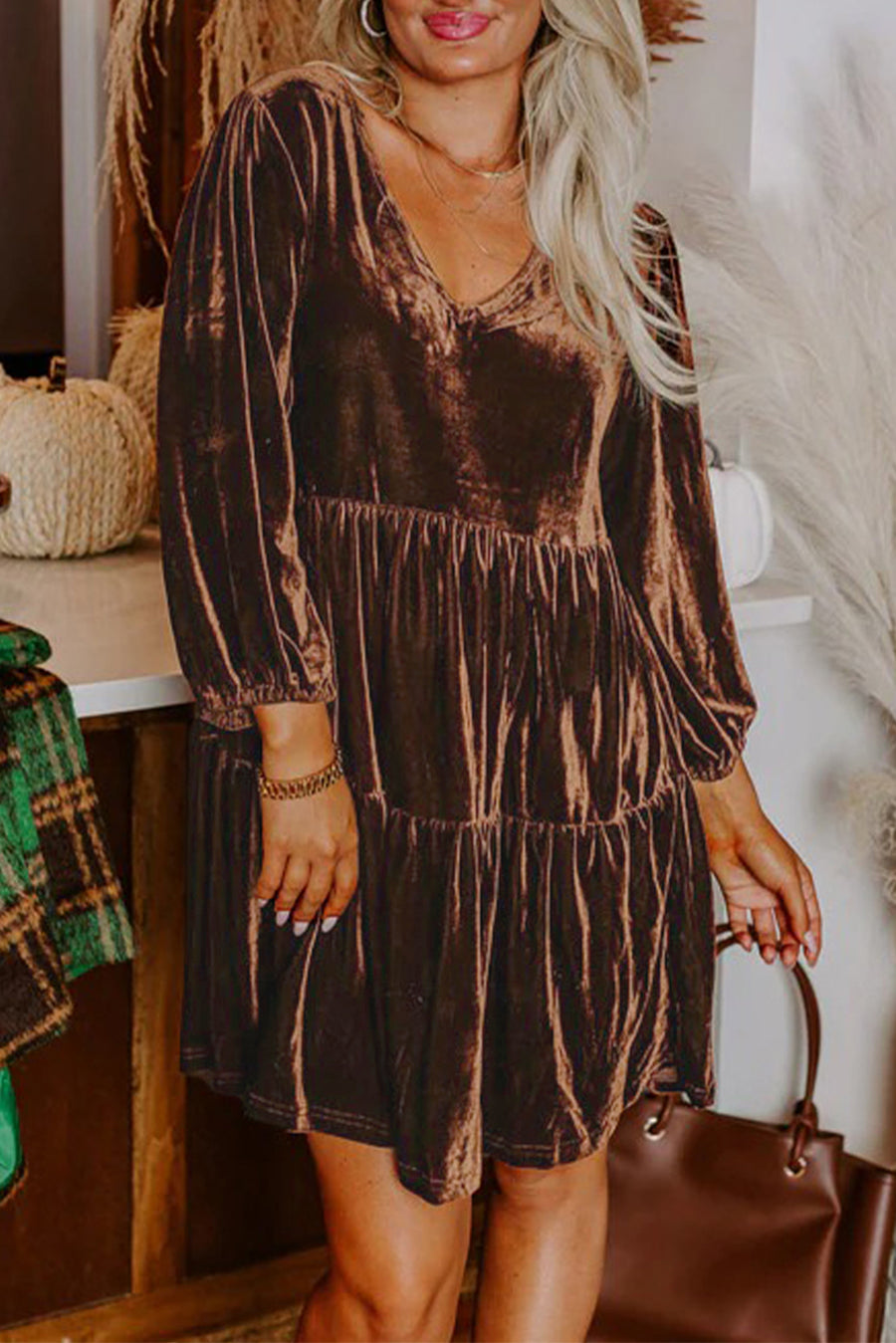 Chicory Coffee Velvet V-Neck Long Sleeve Tiered Mini Dress